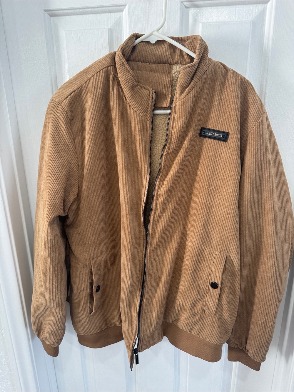 Corduroy Bomber Jacket with Sherpa Lining in Camel Brown